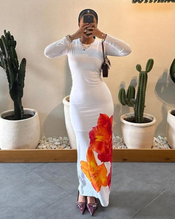 White long sleeve tropical dress
