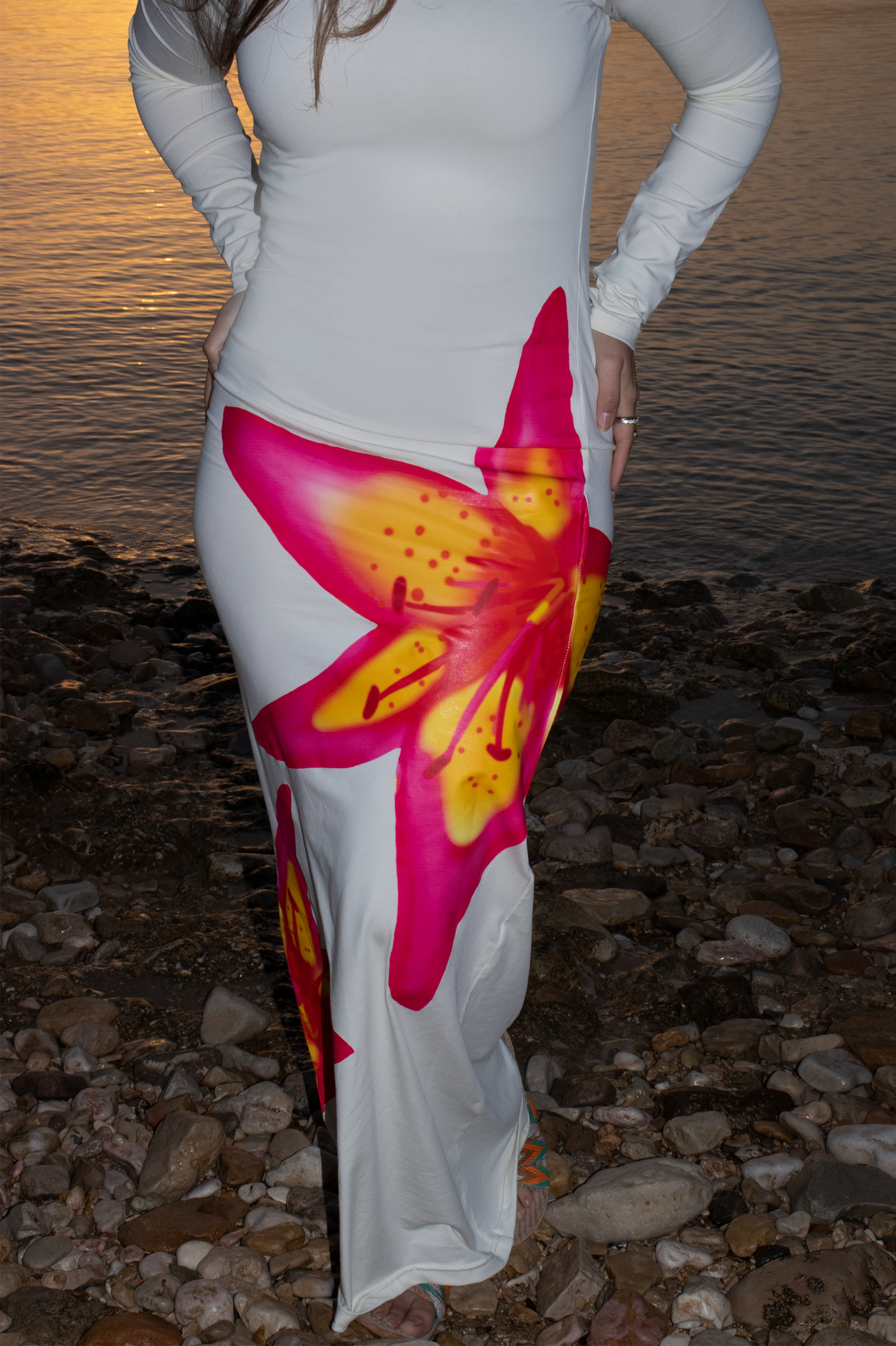 Cream long sleeve tropical dress