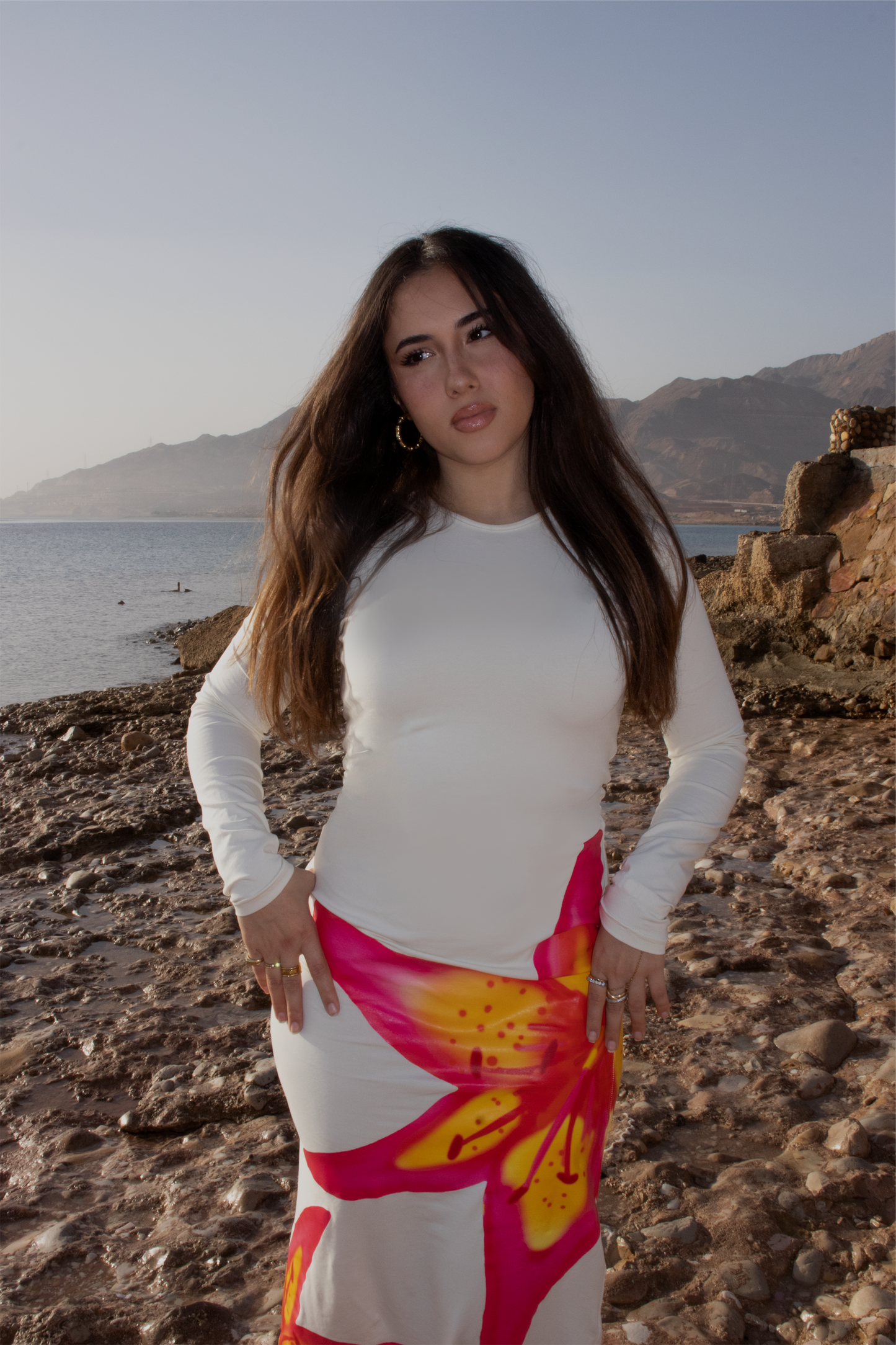Cream long sleeve tropical dress