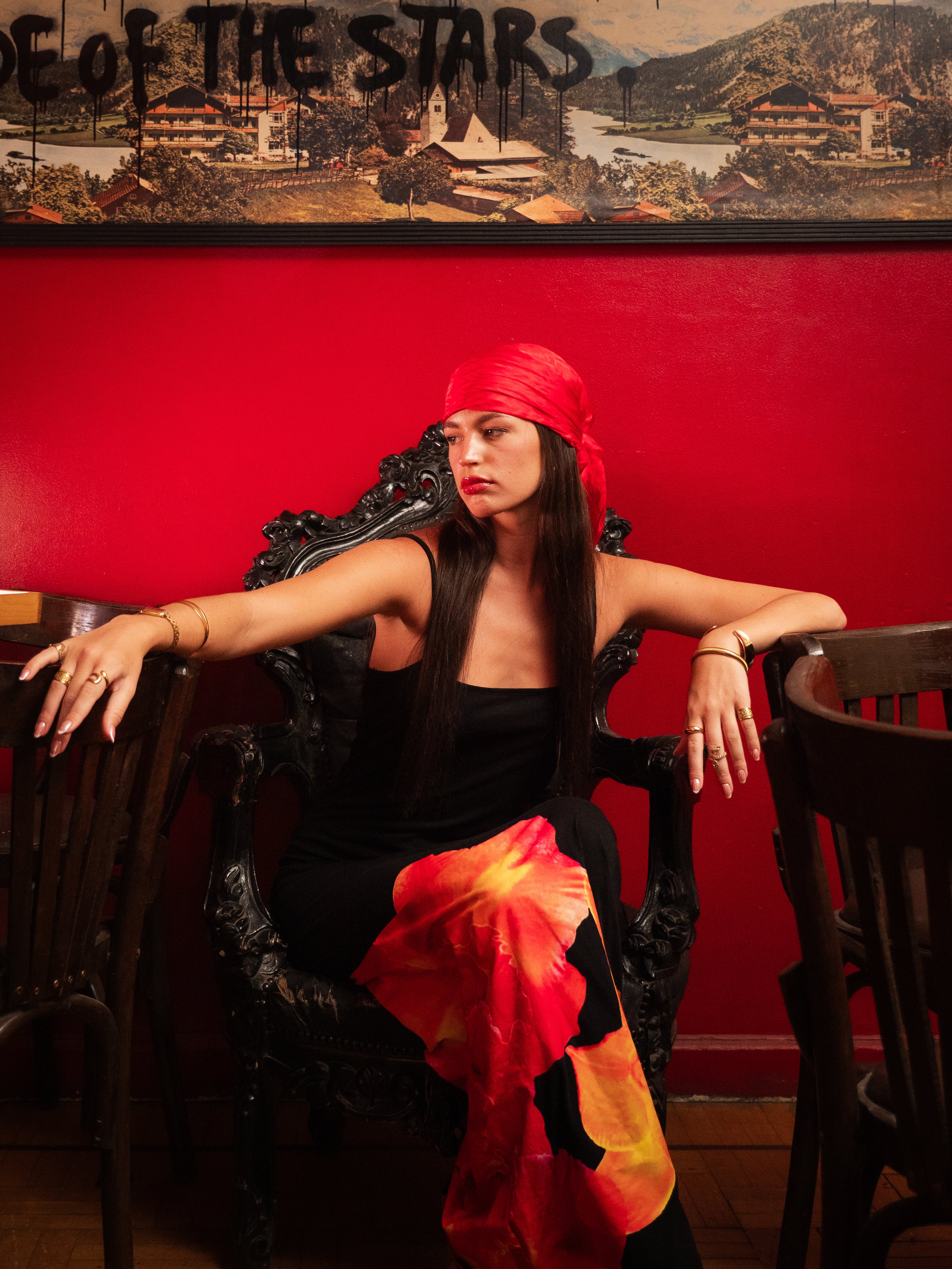 Straps black tropical dress