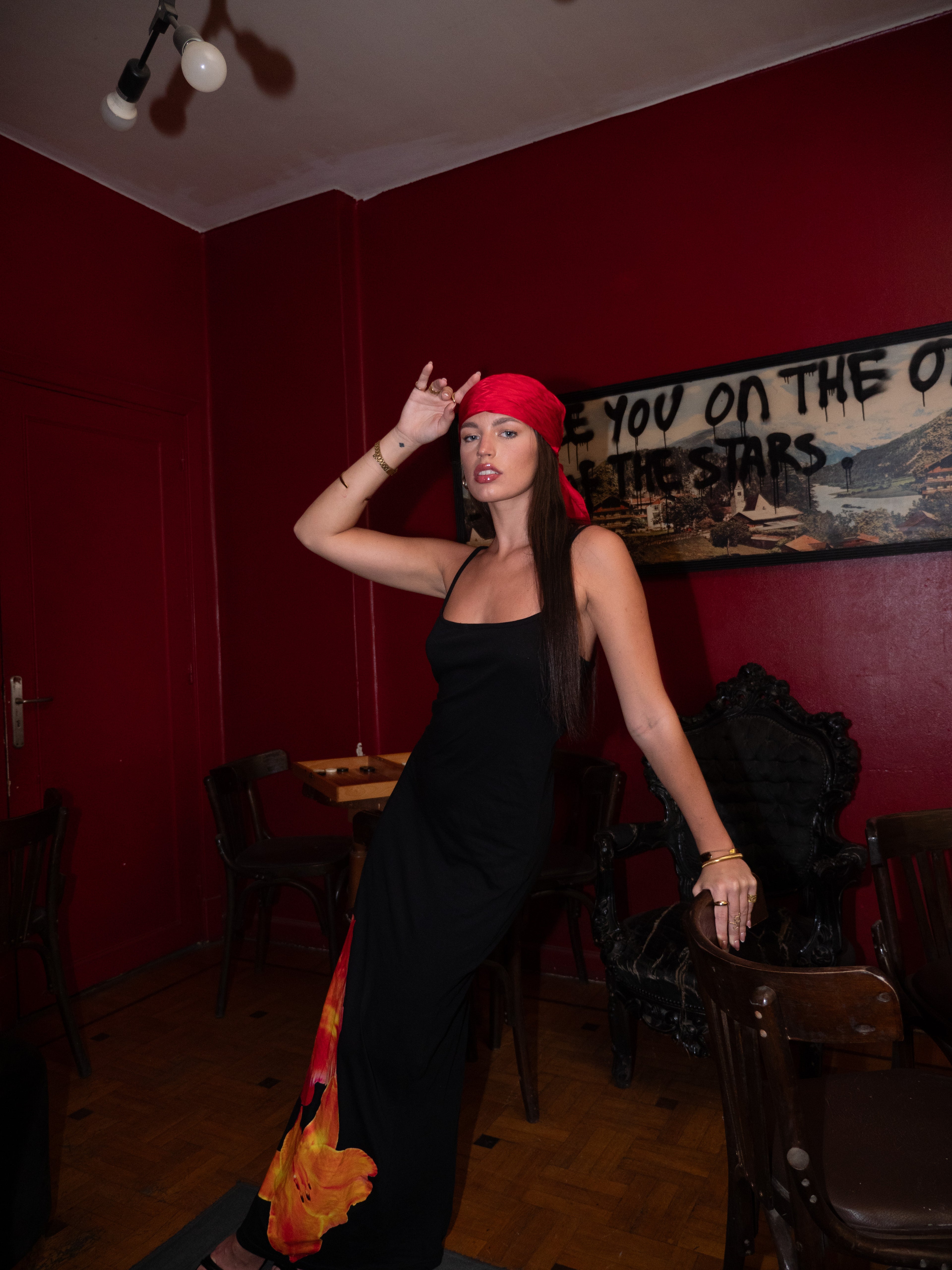 Straps black tropical dress