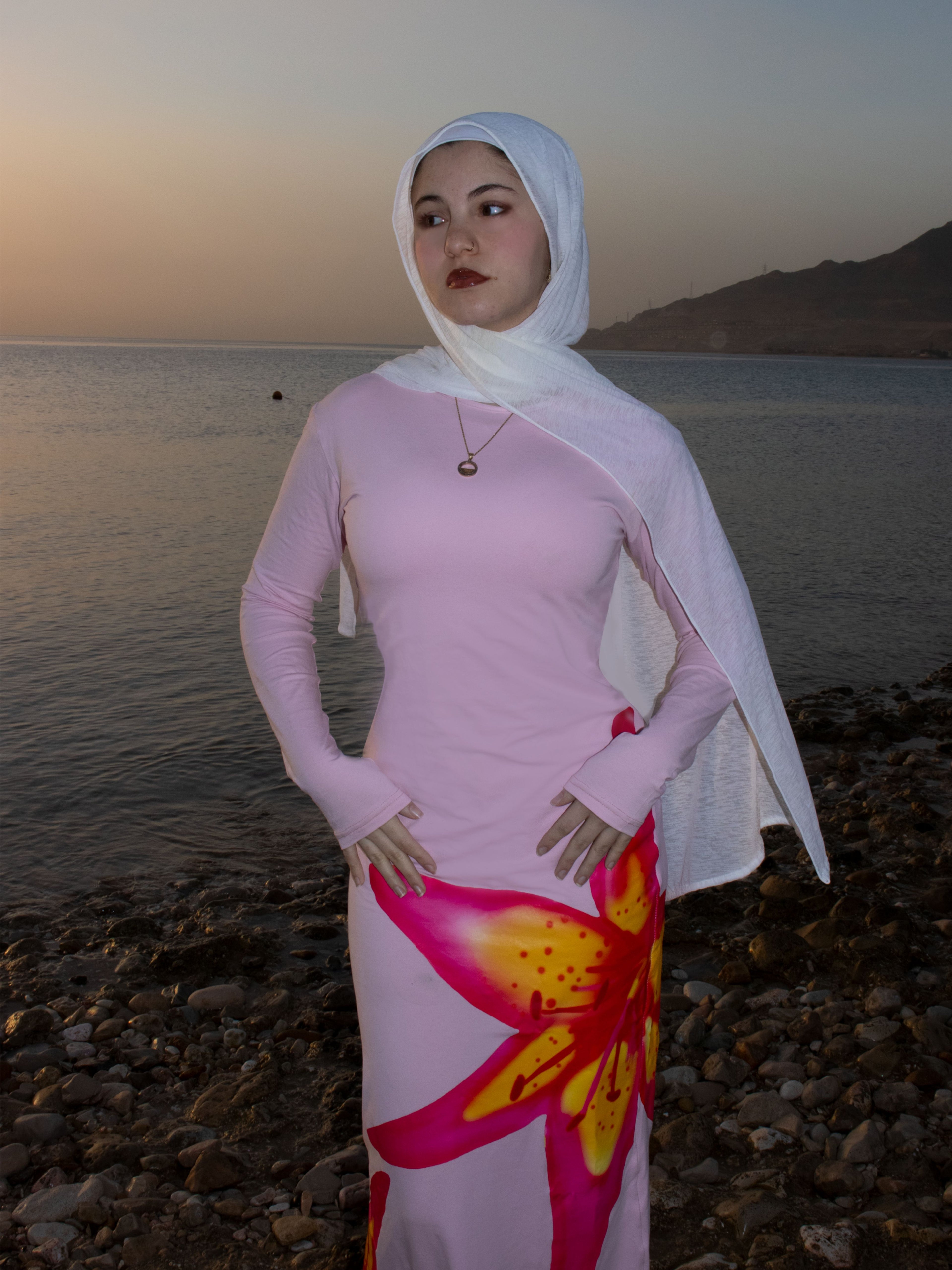 Pink long sleeve tropical dress