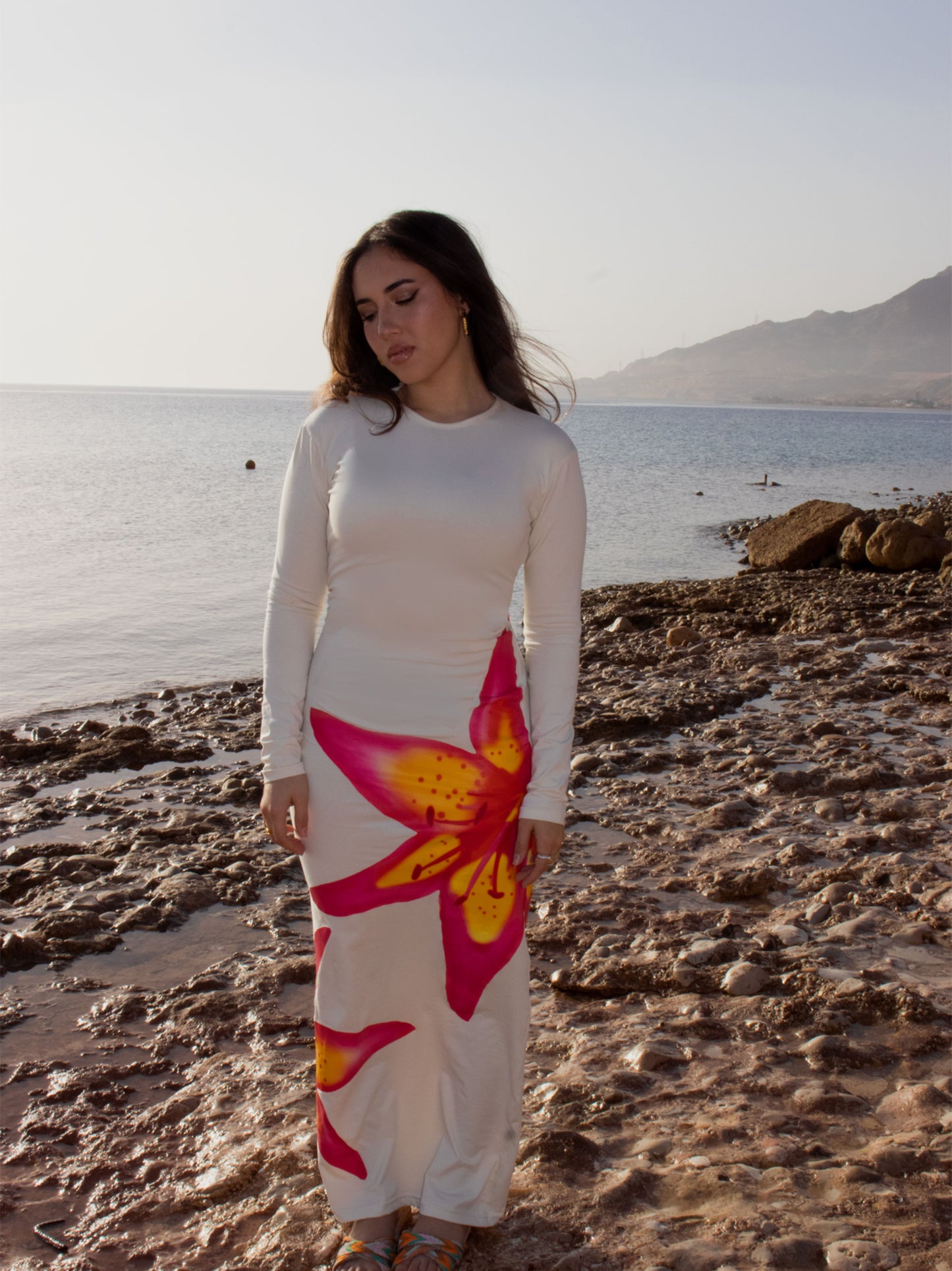 Cream long sleeve tropical dress